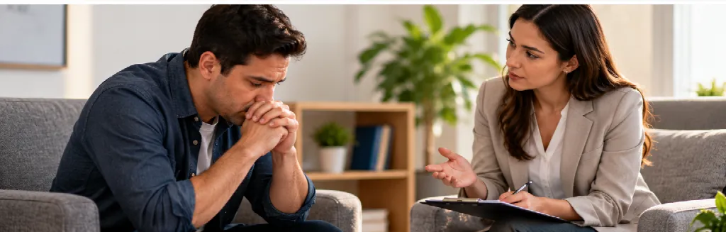 Counselor supporting a person seeking addiction treatment