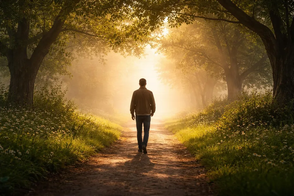 Person walking along a peaceful path, symbolizing addiction recovery